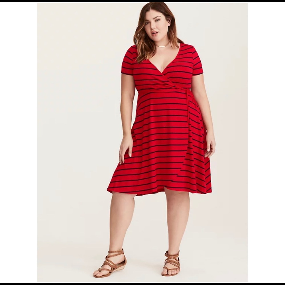 Torrid Red Navy Stripe Surplice Wrap V Neck Dress
